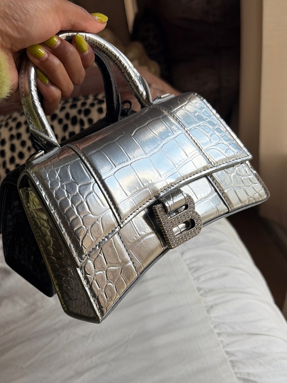 Silver Croc-Embossed Top-Handle Bag with Crystal 'B' Emblem